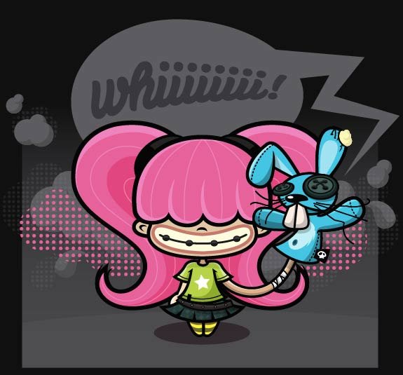 pink hair gal mascot with puppet